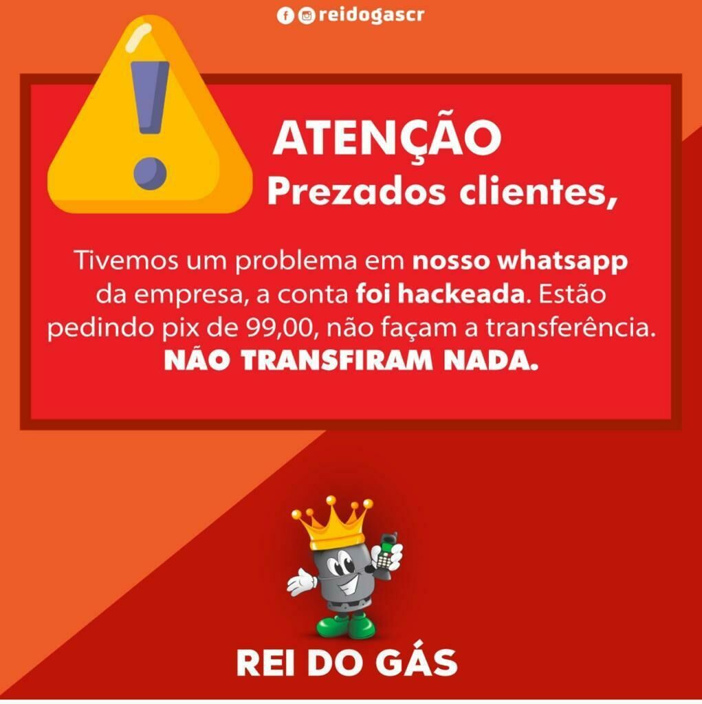 Imagem de compartilhamento para o artigo Distribuidora Rei do Gás de Costa Rica emite alerta após hackeio de conta no WhatsApp da MS Todo dia